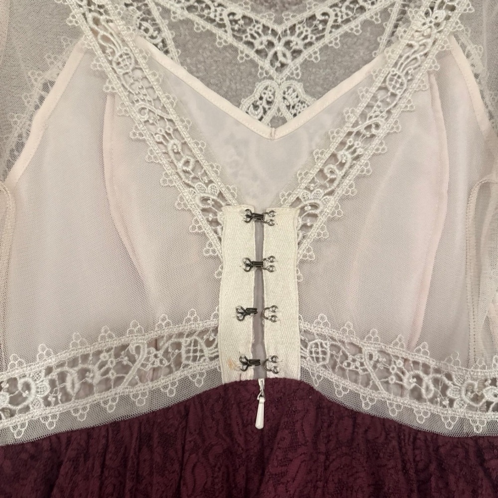Free People Cream and Burgundy Long Sleeve Dress xs 2 Victorian lace Victoria - Picture 7 of 7